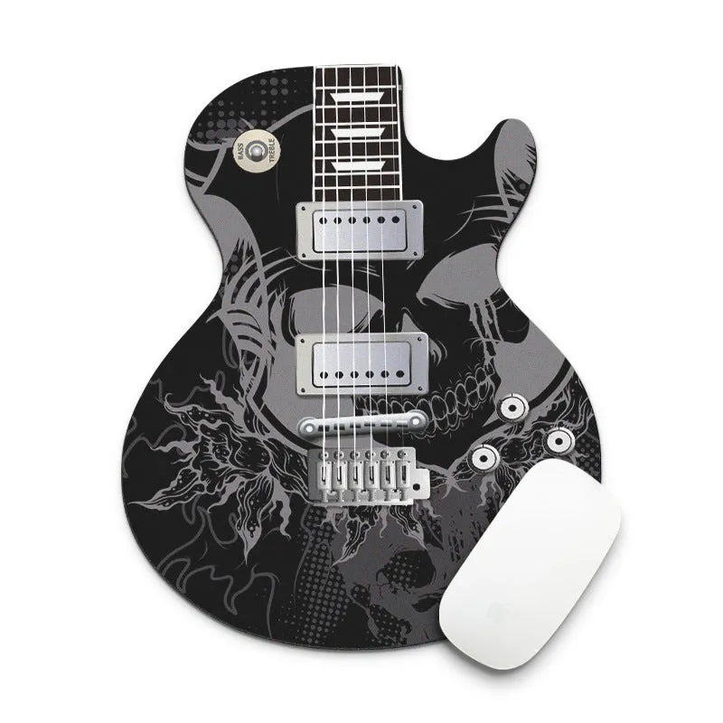 Guitar shaped mouse pad on desk with acoustic guitar design, smooth cloth surface