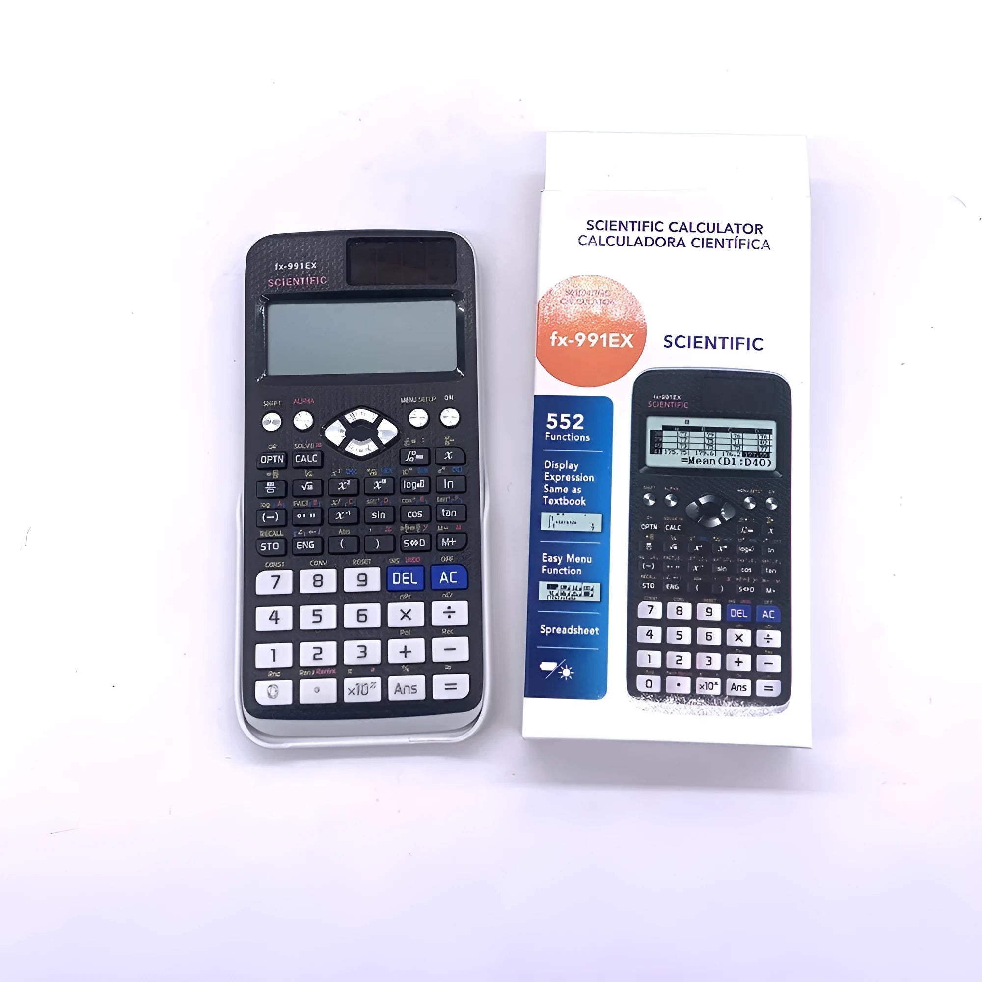 991EX scientific calculator in black, blue, or pink colour with solar panel