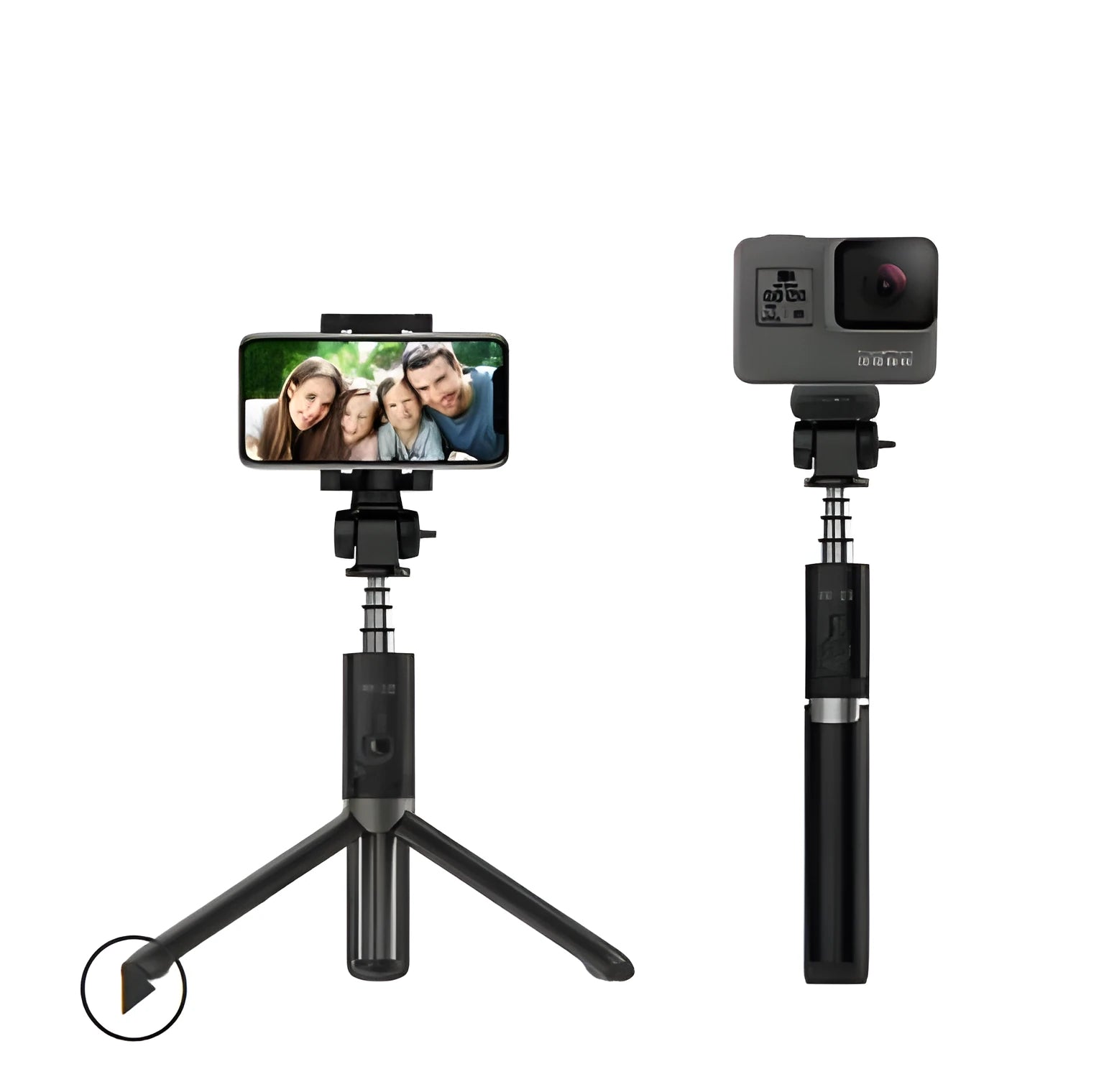 Aluminium Bluetooth selfie stick with tripod base and remote control next to a mobile phone.
