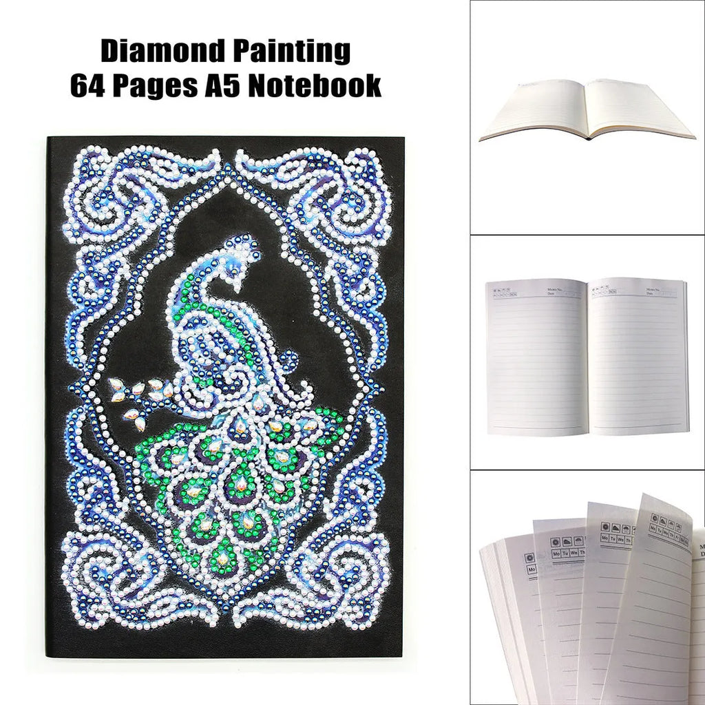 Peacock diamond painting notebook with shaped and bright drill beads, A5 size 142x207mm