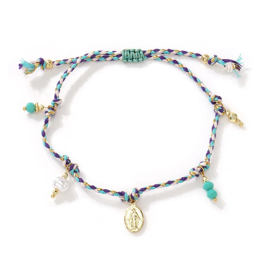 Hand-woven colourful braided rope bracelet for women in ethnic carrying strap tag design