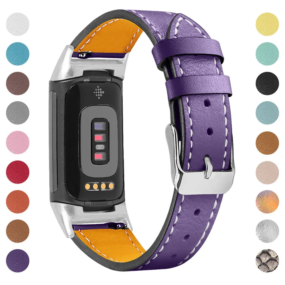 Genuine leather watch strap for Fitbit Charge 5 and Charge 6 fitness trackers on a wrist.