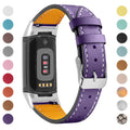 Genuine leather watch strap for Fitbit Charge 5 and Charge 6 fitness trackers on a wrist.