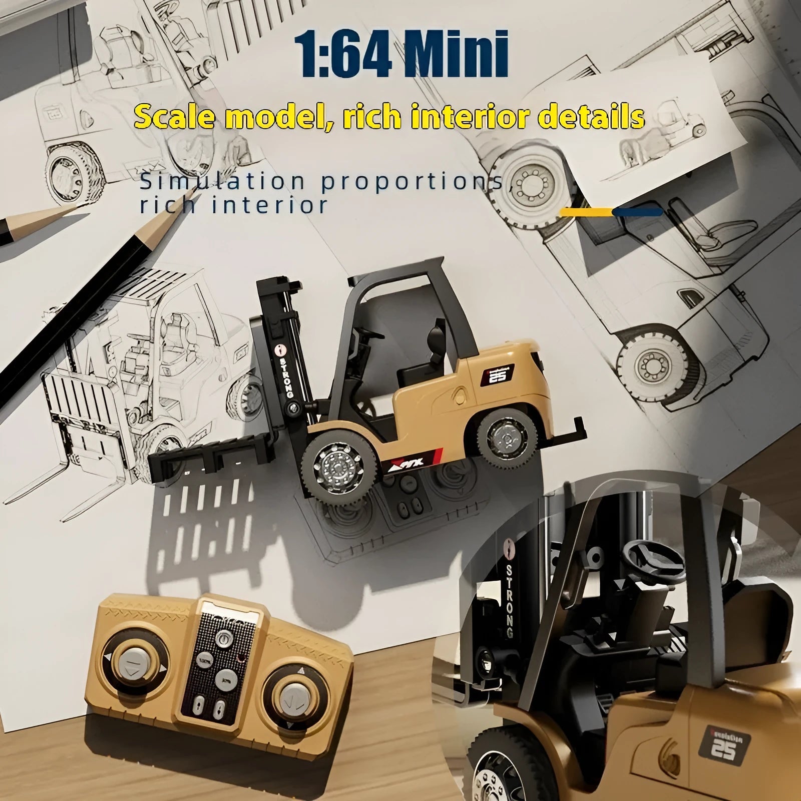 1:64 scale grey alloy remote control forklift toy with mini remote and cargo accessories