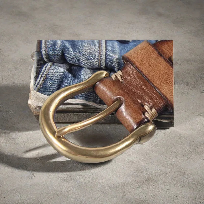 Men's casual cowhide leather belt with copper pin buckle in black, brown, or khaki