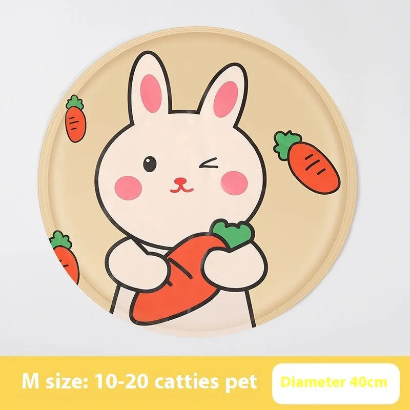 Round gel cooling mat for dogs in blue paw print cartoon design on a beige background