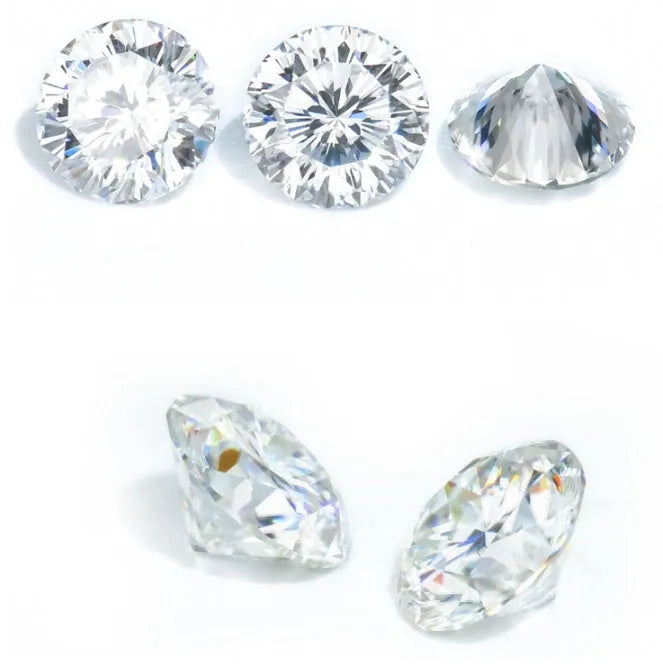 Round brilliant cut moissanite gemstone showing eight hearts and eight arrows pattern on a neutral background.