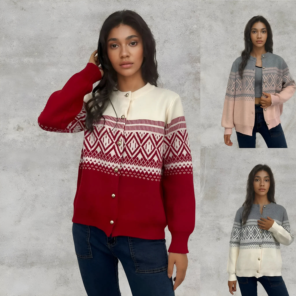 Red women's alpaca wool cardigan with grey diamond knit pattern and long sleeves.