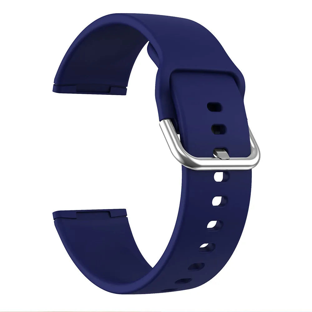 Solid colour silicone strap with silver buckle for Fitbit Versa 3 and Sense 2 watches.