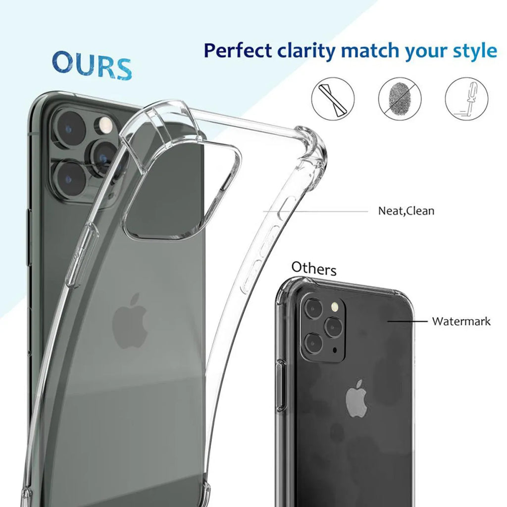 Transparent shockproof TPU phone case for iPhone, shown from the back and side.