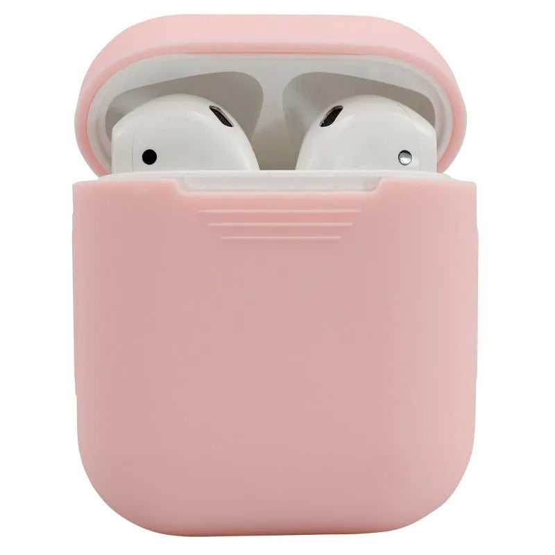 Silicone protective case for AirPods 2nd generation wireless earbuds in various colours showing 56x47x24mm dimensions