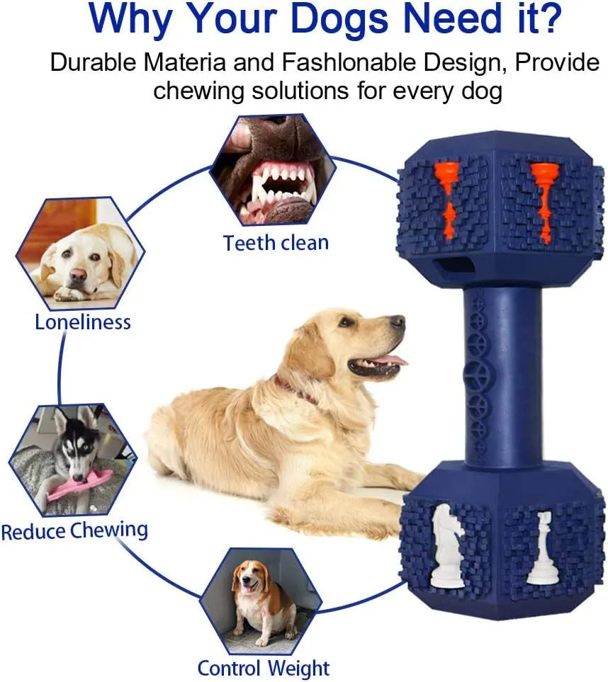 Blue rubber dog chew toy shaped like a dumbbell with a textured surface.