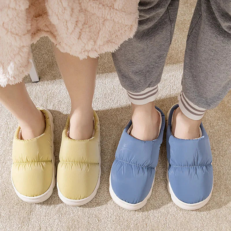 Thick-soled down cotton slippers with artificial leather upper and plush lining in blue green grey pink or yellow