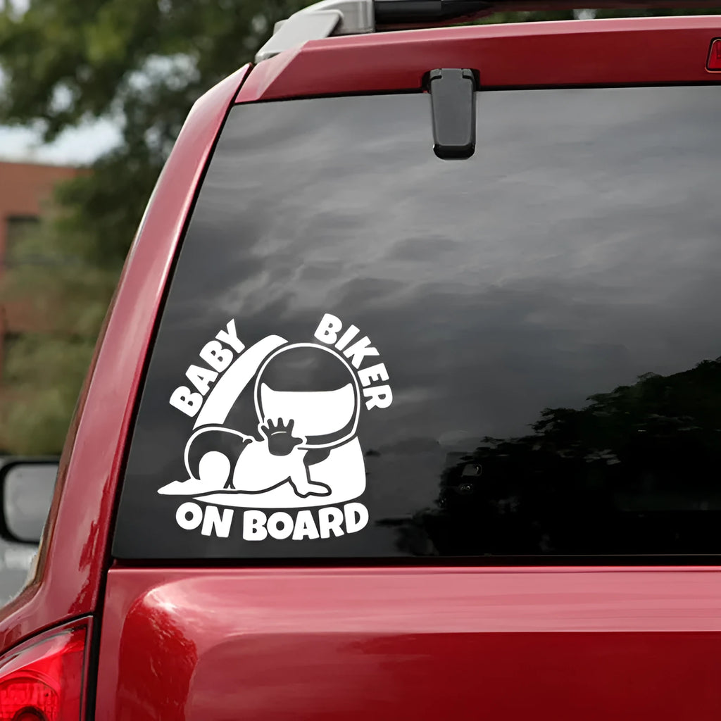 Reflective Baby on Board personality warning car sticker in black or white, sized 14.5cm by 15cm.