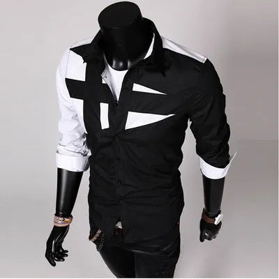 Men's long sleeve cotton shirt in three colours black dark grey white with size chart