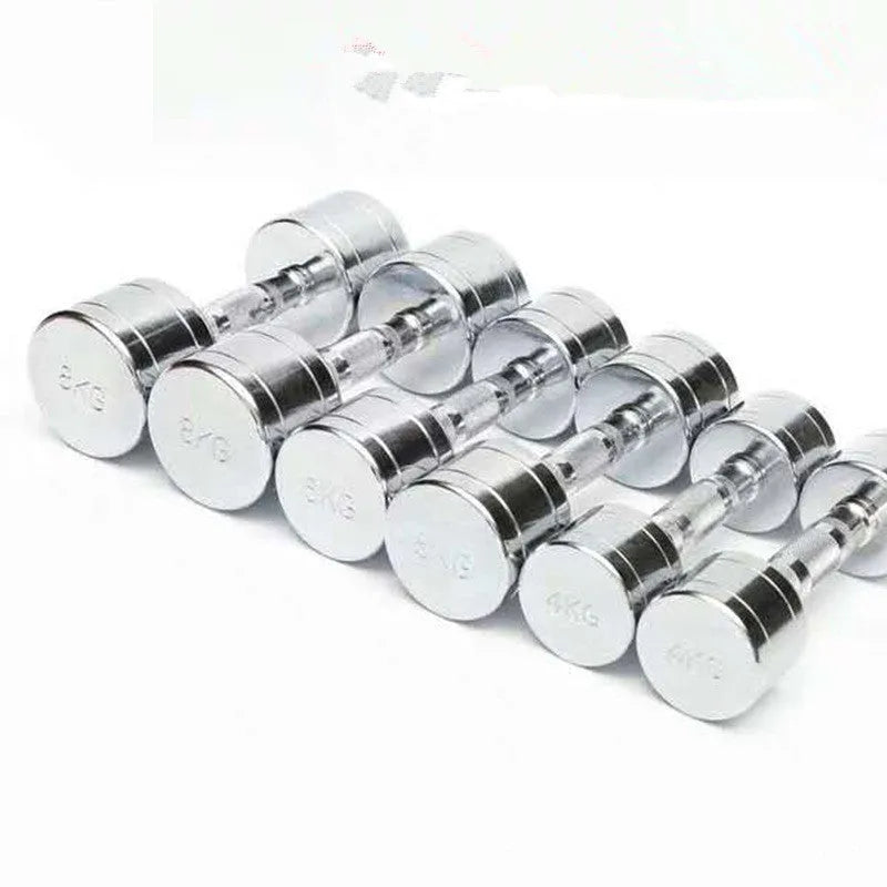 Silver pure steel electroplated dumbbell with ergonomic handle on a grey background