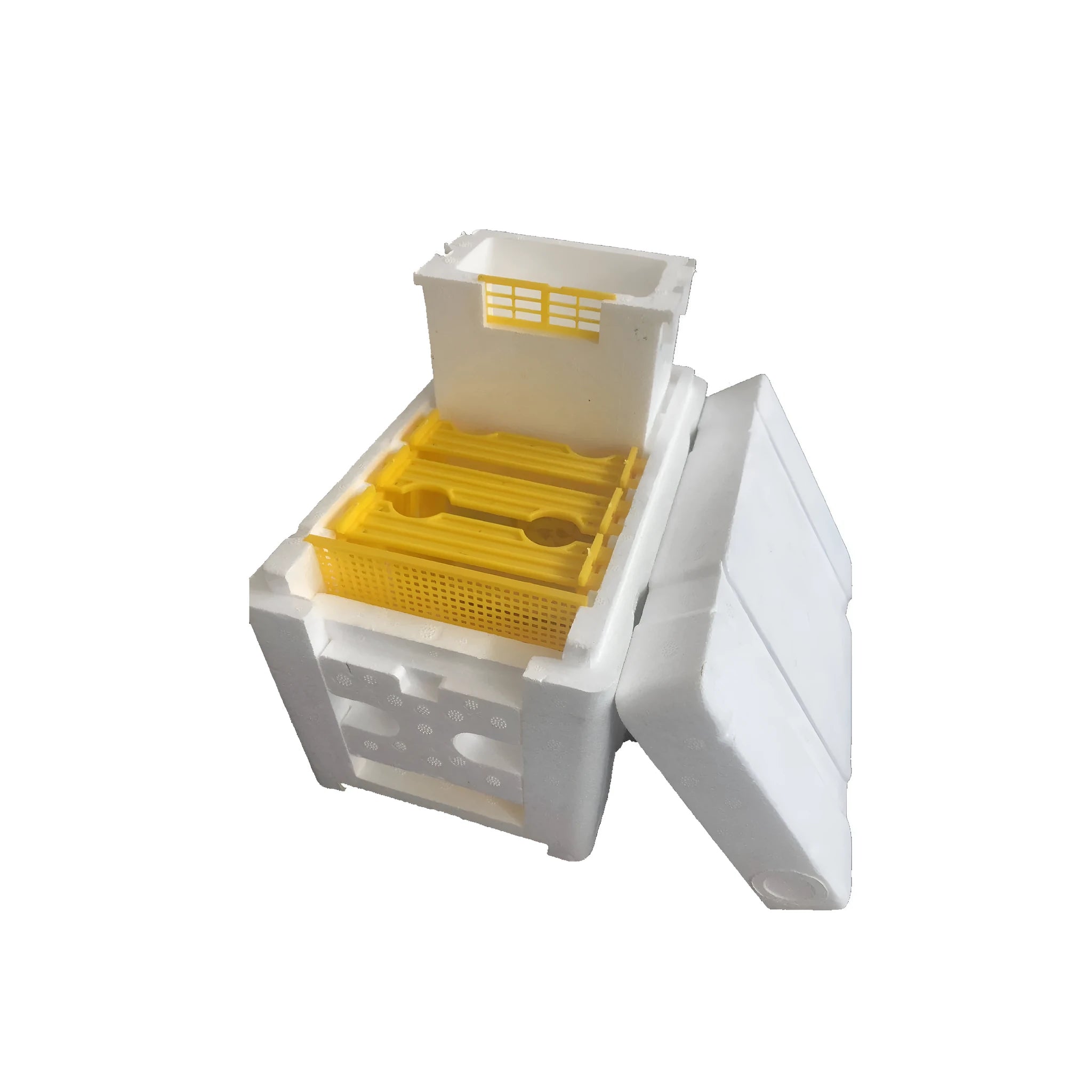 Three white foam mini delivery boxes for beehive transport and bee breeding operations