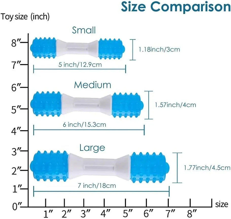 Dual-colour TPR puppy teething chew toy with dental cleaning texture in three available sizes