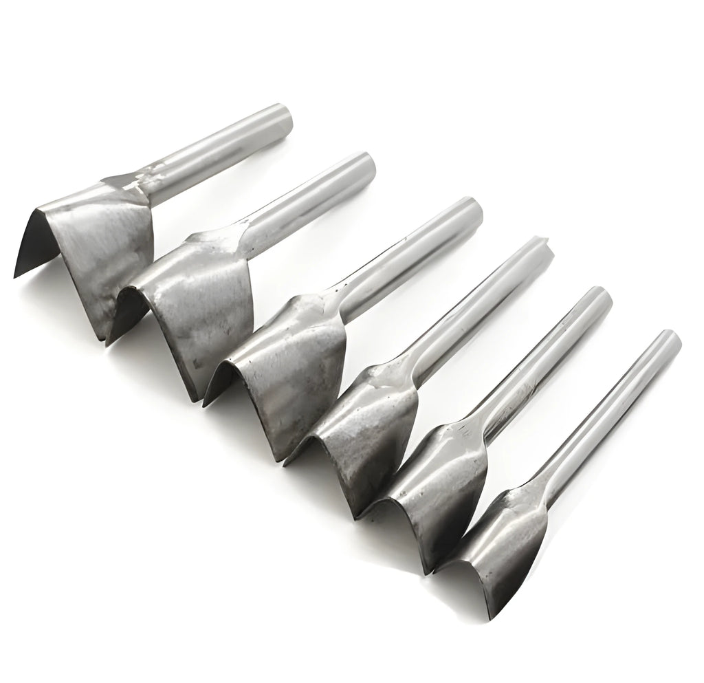 Set of six steel punch tools for leather craft with sizes 15mm to 40mm and half-round and V-shaped designs