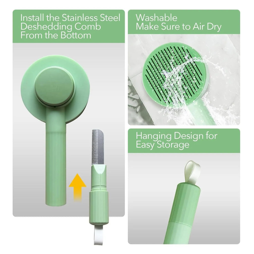 Green and yellow 2-in-1 pet grooming brush with curved teeth for long haired cats and shedding pets