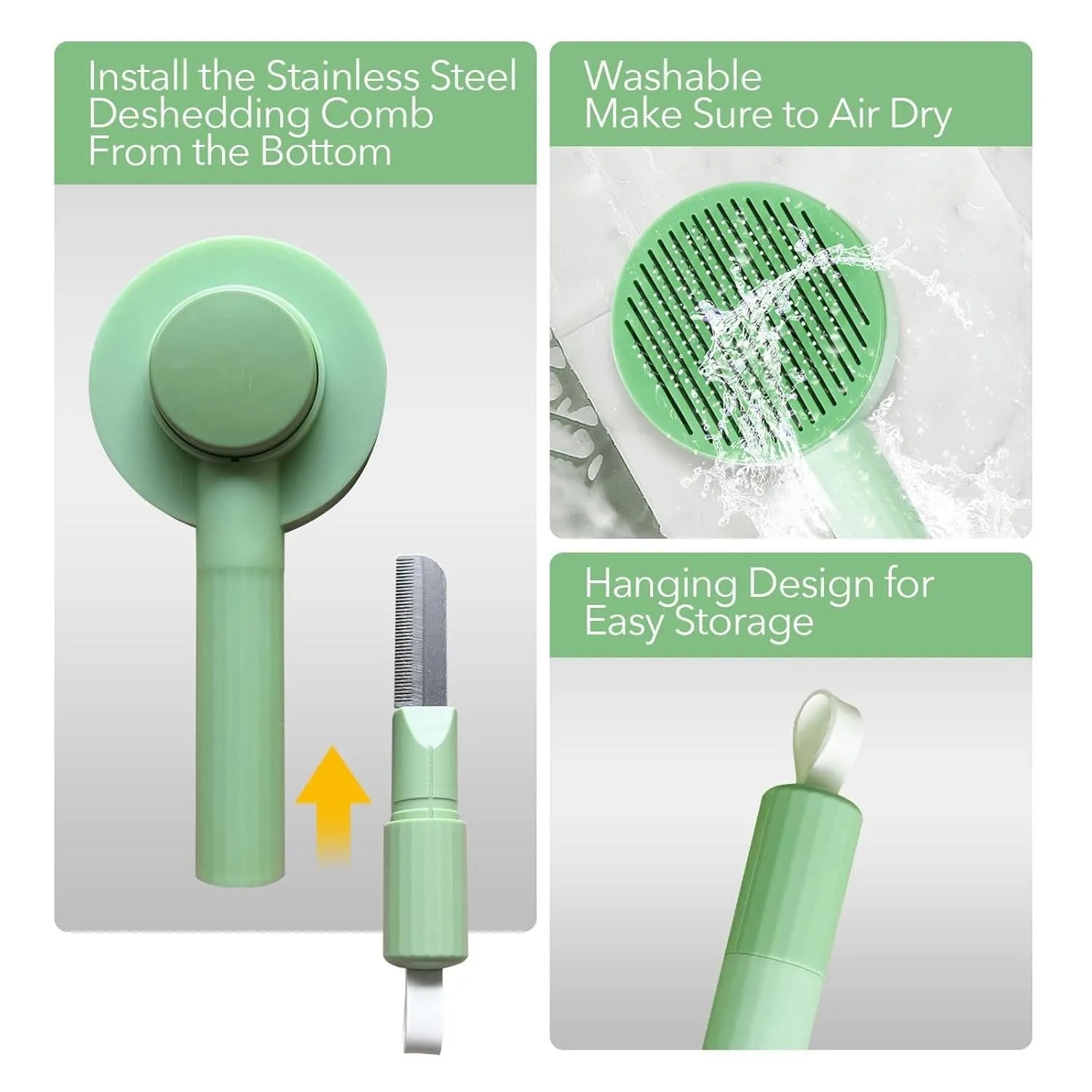 Green and yellow 2-in-1 pet grooming brush with curved teeth for long haired cats and shedding pets
