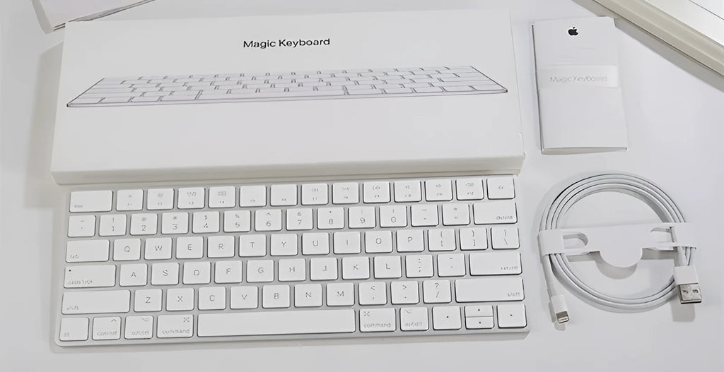 Apple G6 Bluetooth wireless keyboard in white with aluminium construction and multimedia keys
