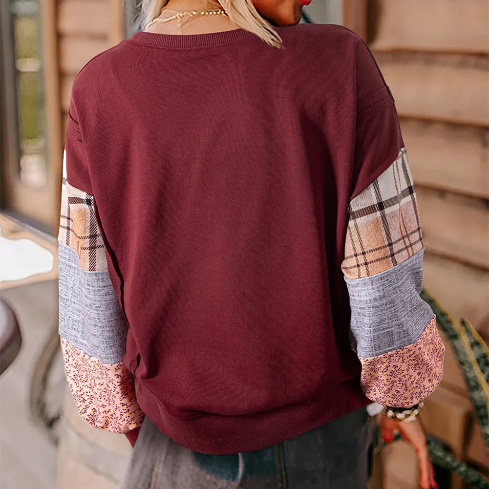 Women's loose-fit plaid stitching long-sleeved polyester top in beige colour