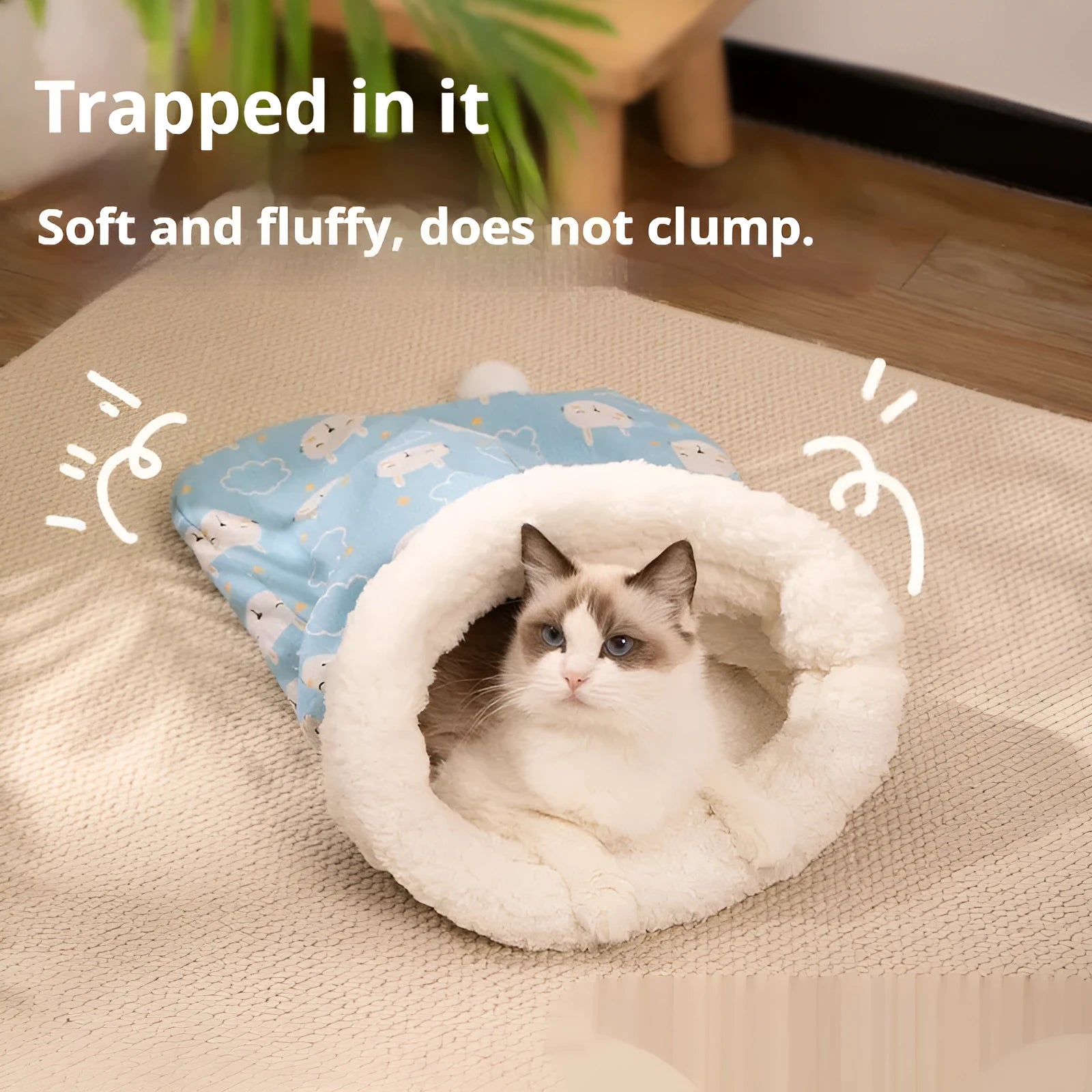 Flannel cat sleeping bag nest measuring 50 by 40 cm in blue rabbit, pink Trojan, or striped patterns