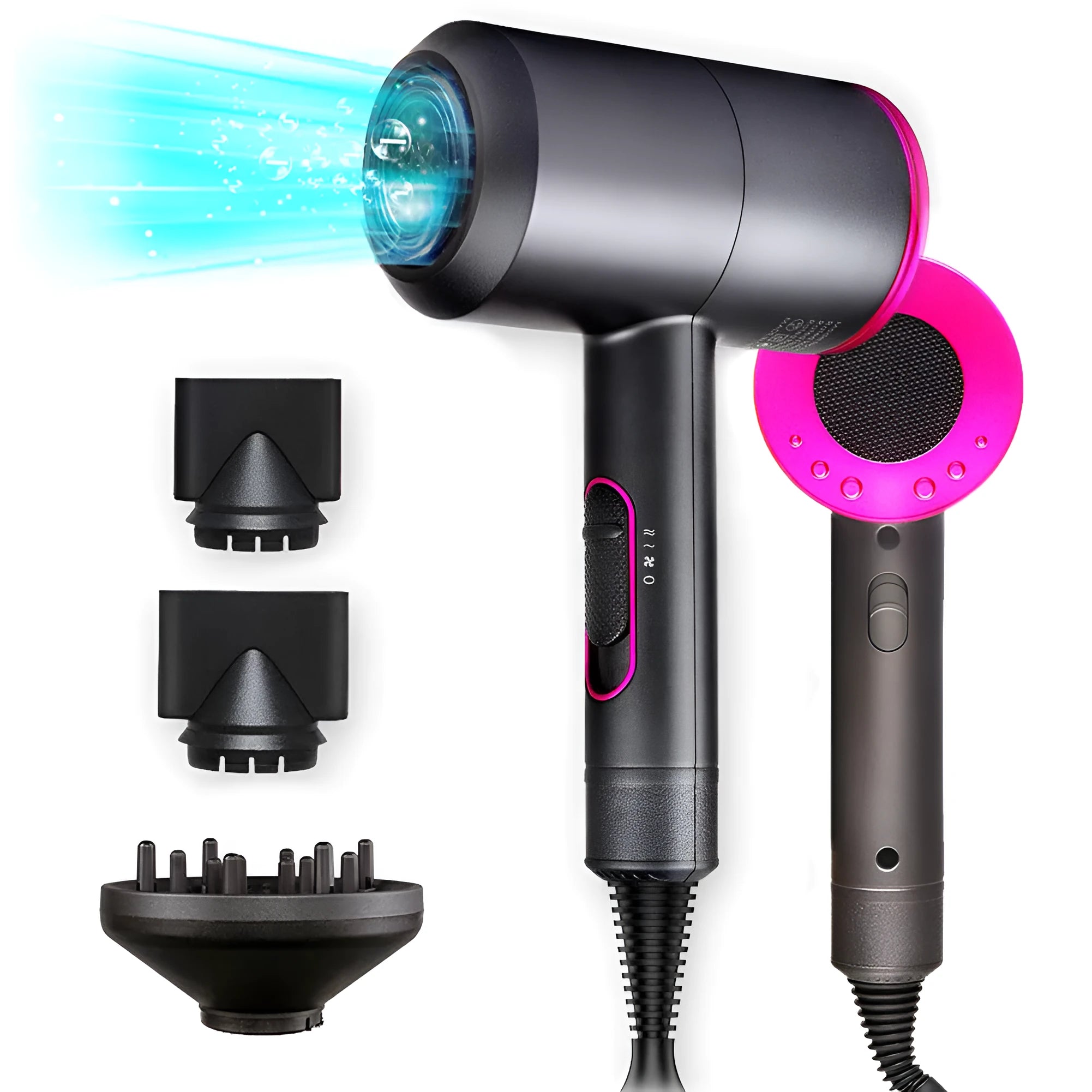 2000W hotel hair dryer with long cable in metallic black, showing UK plug