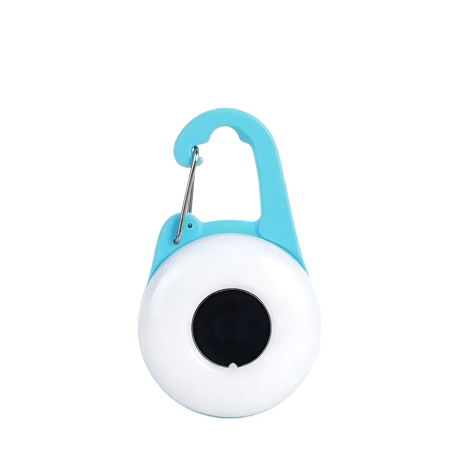 Blue USB rechargeable LED dog walking light with silicone strap attached to a dog collar.