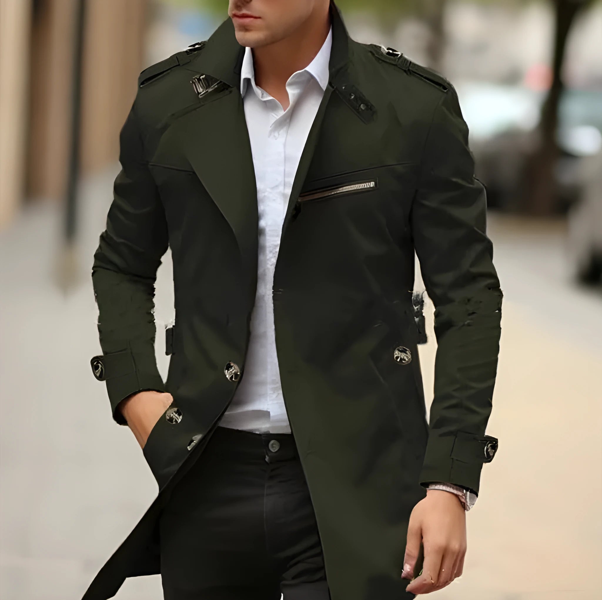 Plus size men's casual jacket with lapel collar in army green colour showing side seam pockets