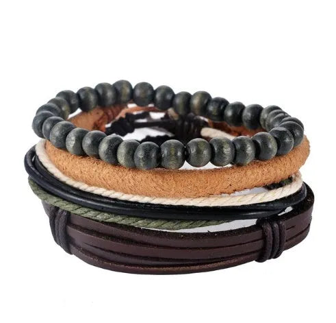 Hand-woven brown leather wrap bracelet with wooden beads on a 6cm adjustable band.