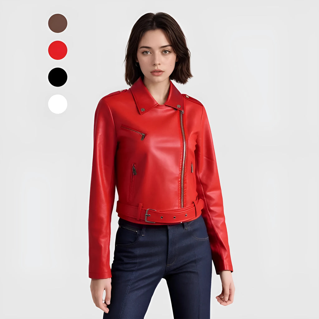 Women's black PU leather motorcycle jacket with lapel collar and a short waist belt.