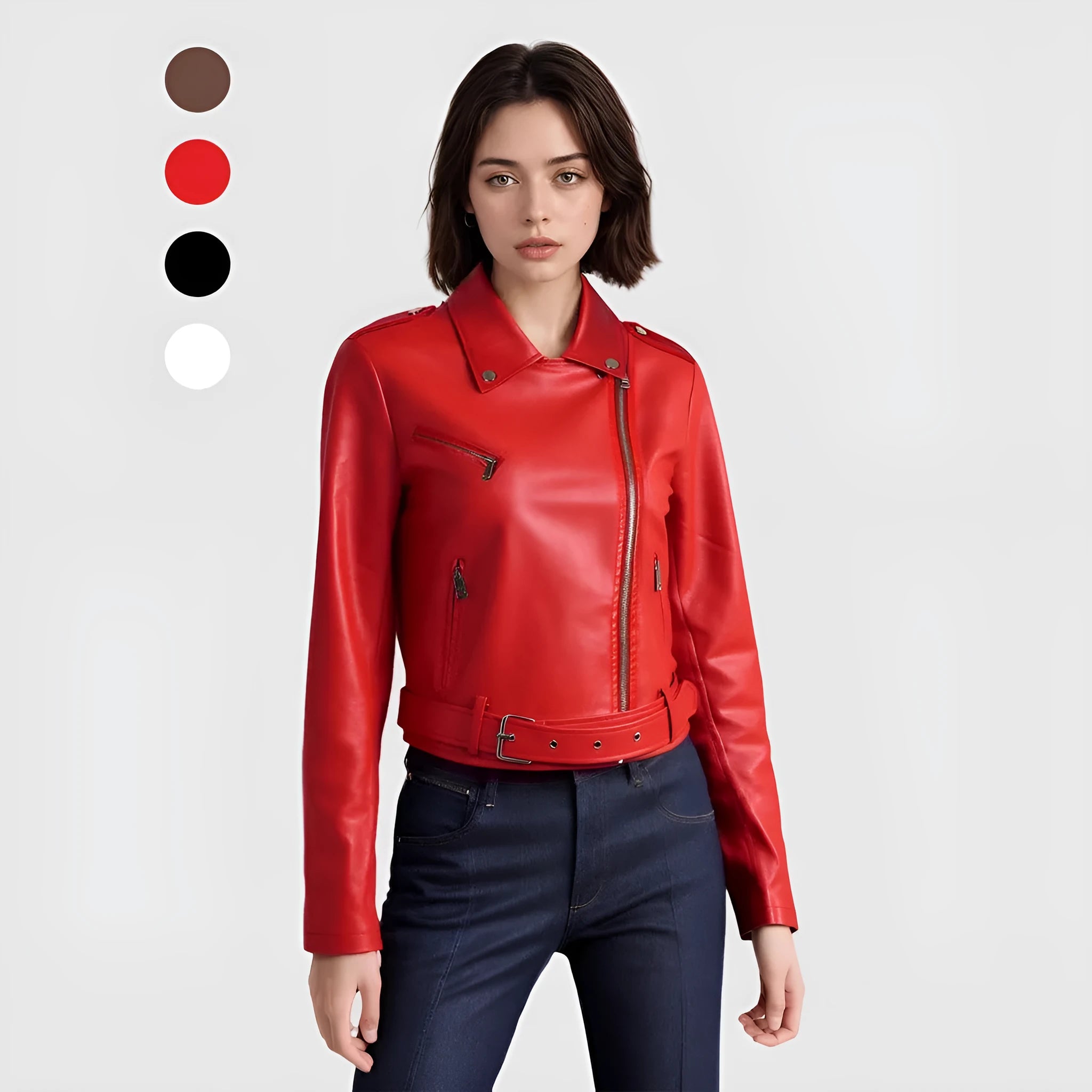 Women's black PU leather motorcycle jacket with lapel collar and a short waist belt.