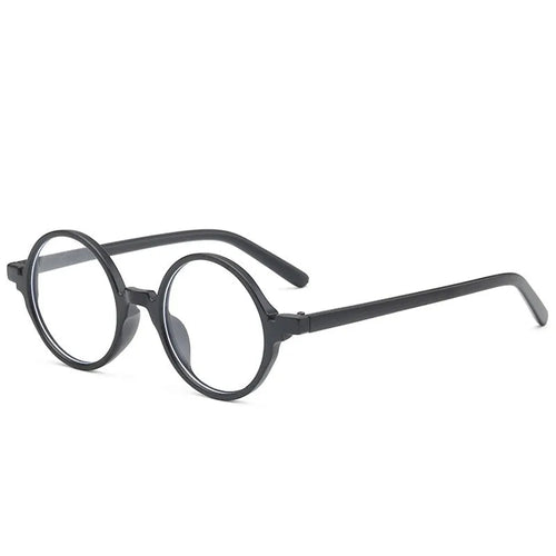 Artistic retro round fashion glasses with a PC frame shown in bright black, sand black, tofu pudding, and transparent grey colours.