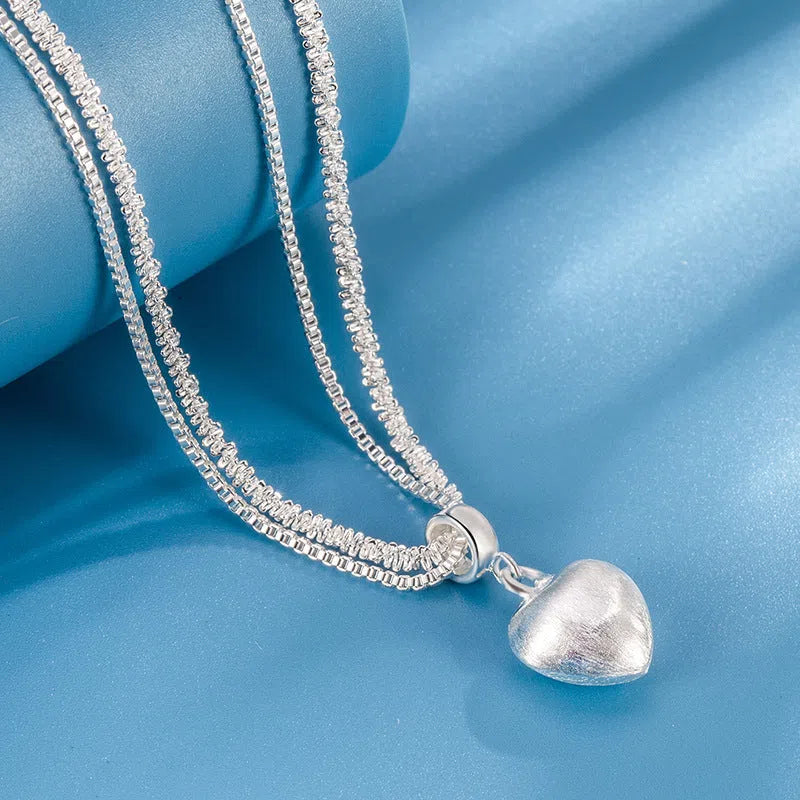 Double layer brushed heart pendant necklace for women, copper with electroplating, water wave chain