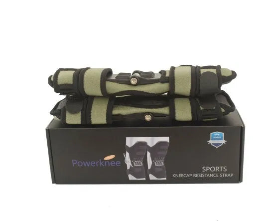Adjustable black spring knee brace with straps and venting holes for sports support.