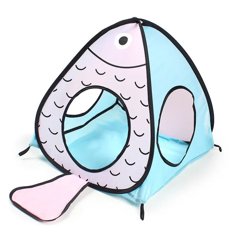 Foldable pet play tunnel with cat and fish print design for small cats and puppies