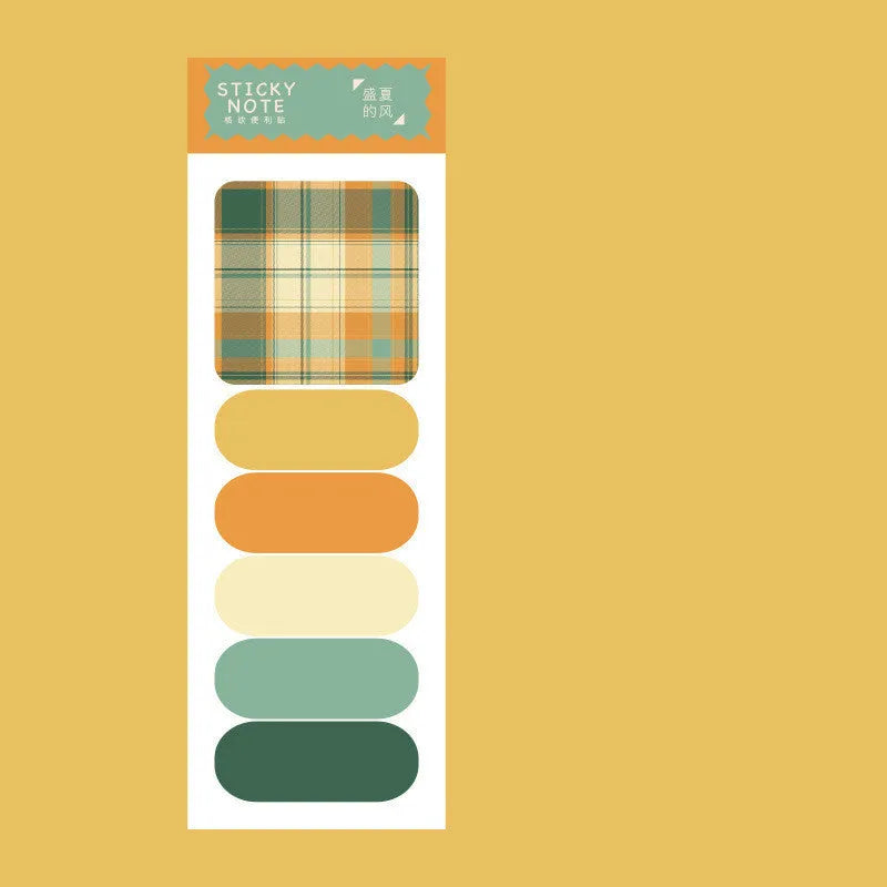 Colourful memo pad sticky notes set showing six plaid designs with 67mm x 200mm sheets