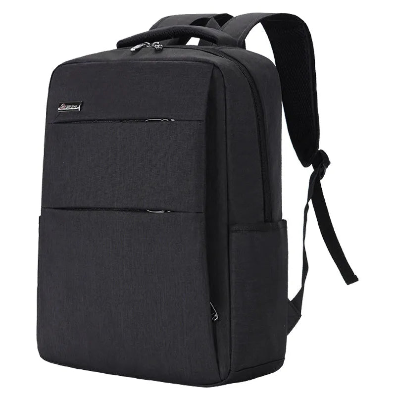 Black waterproof Oxford cloth laptop backpack with shoulder straps and built-in rechargeable power bank.