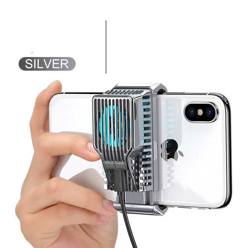 Black mobile phone cooling radiator with aluminium heatsink and clip, shown with USB cable.