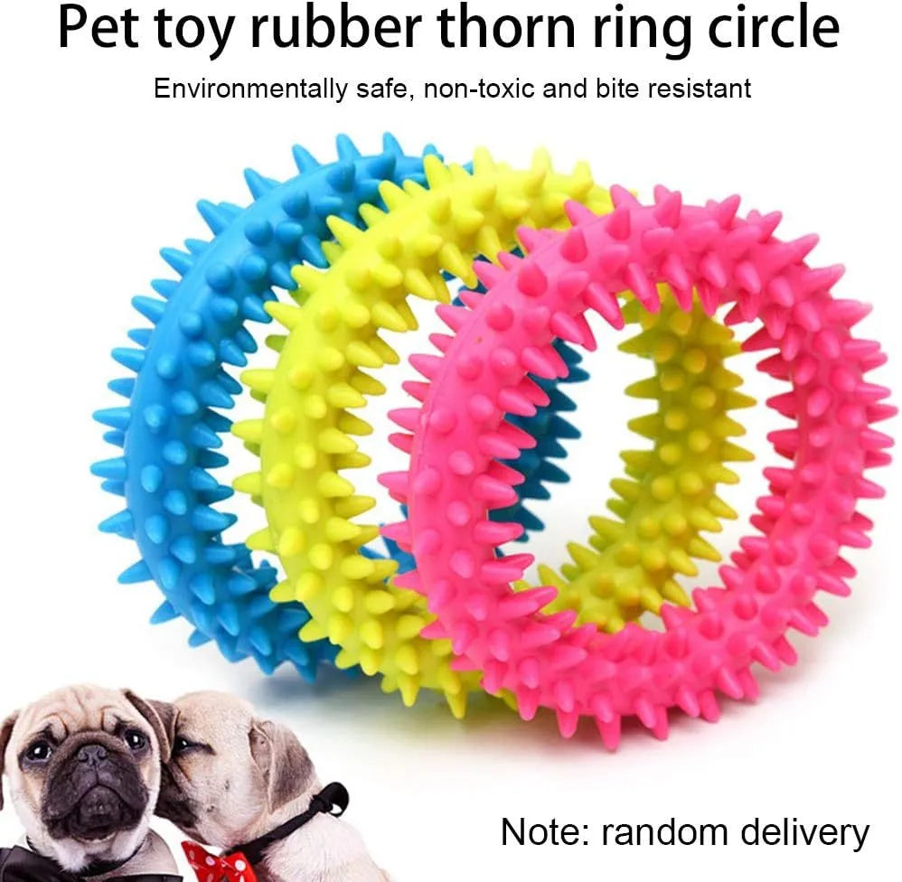 Blue TPR spiky circle dog chew toy for dental cleaning on a white background.