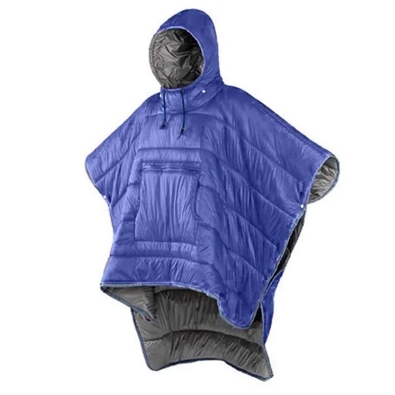 Grey adult-sized outdoor cloak sleeping bag worn as a cape, showing its 200x140cm dimensions.
