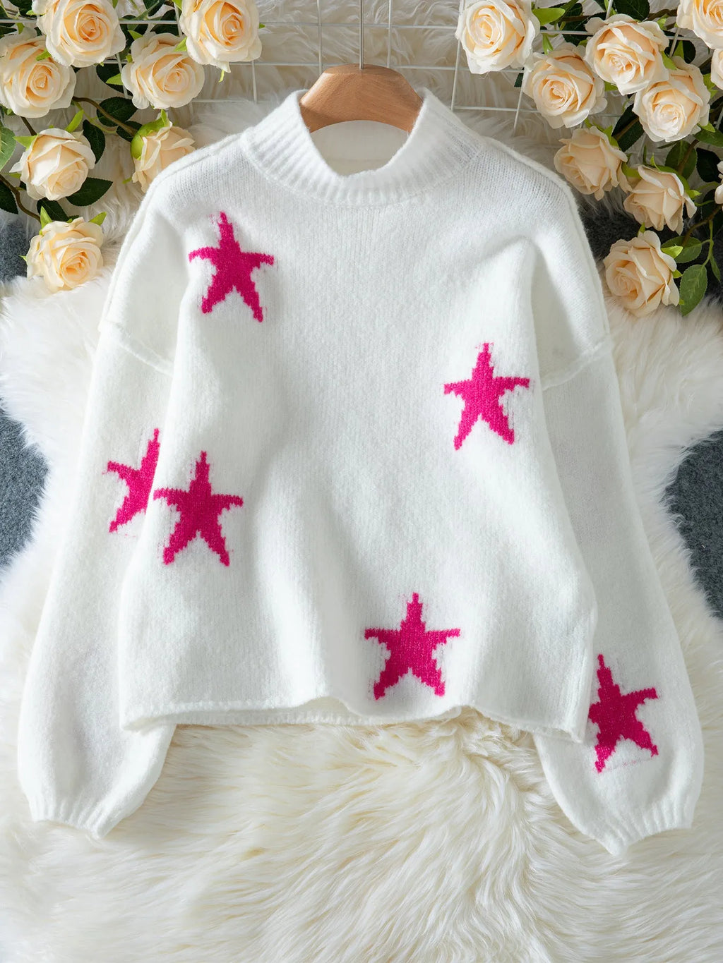 White women's loose turtleneck pullover with a black star pattern on thick imitation velvet fabric