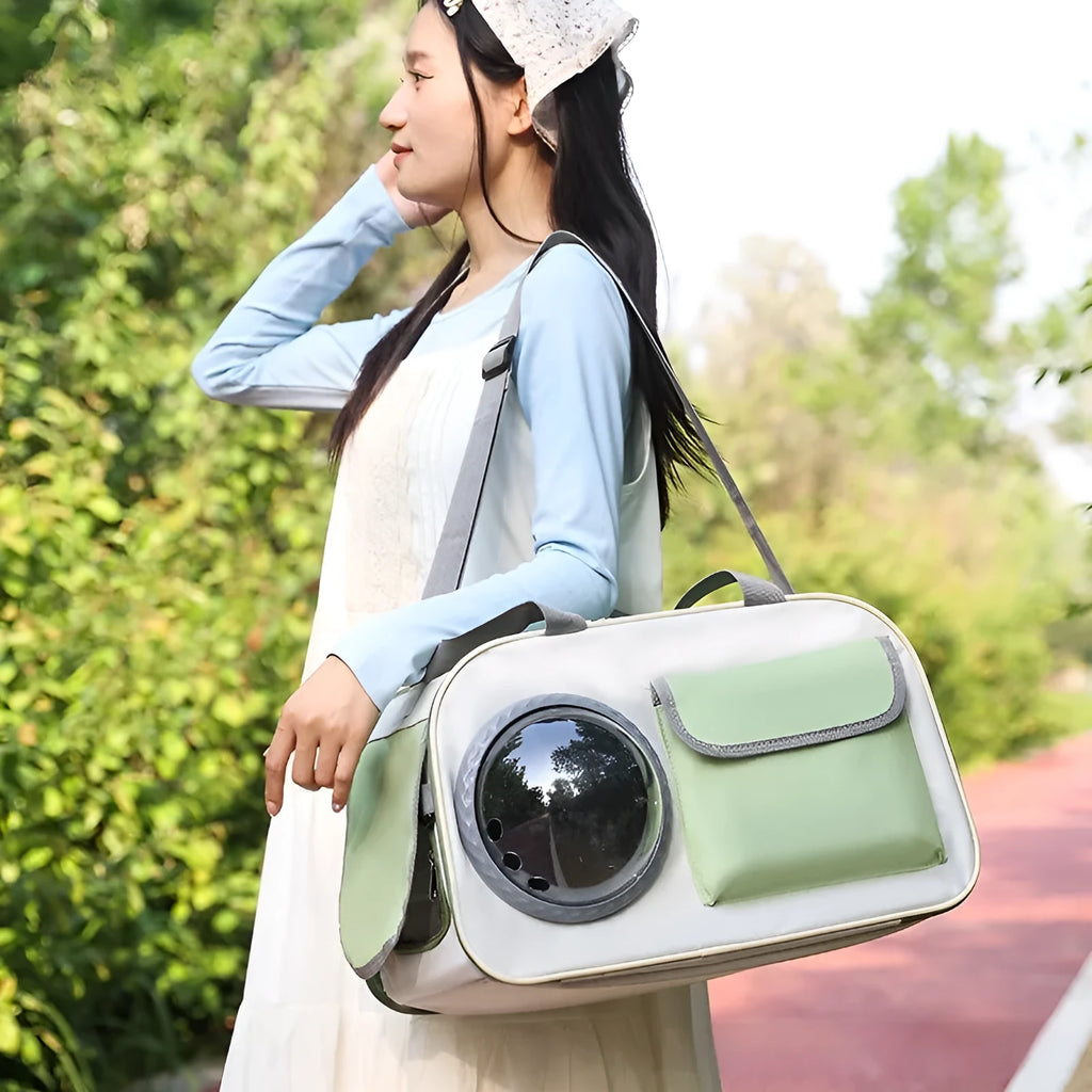 Outdoor portable cat backpack pet space capsule in nylon with crossbody strap and transparent dome
