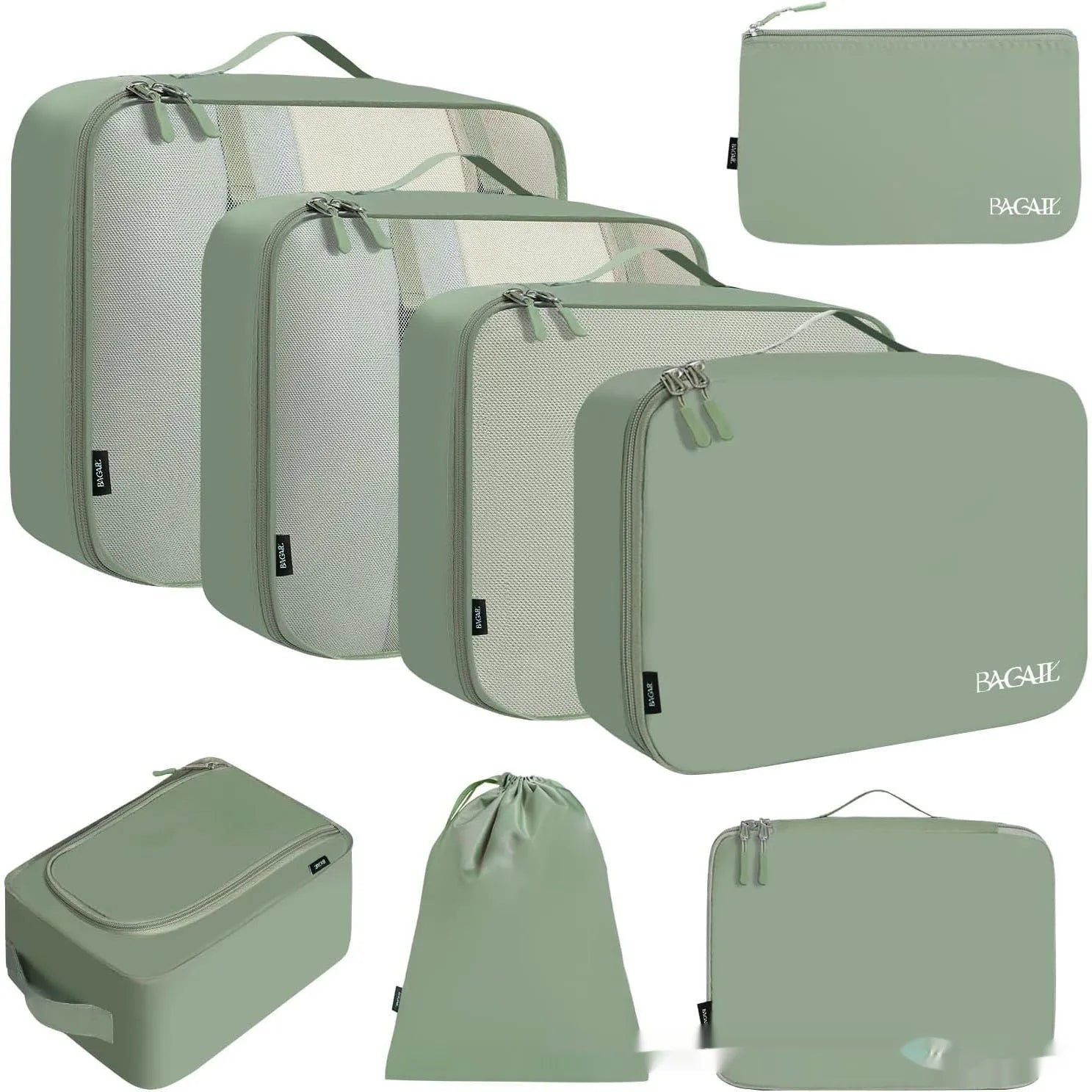 Set of eight PP packing cubes in various colours including beige, black, pink, and leopard print for travel organisation.