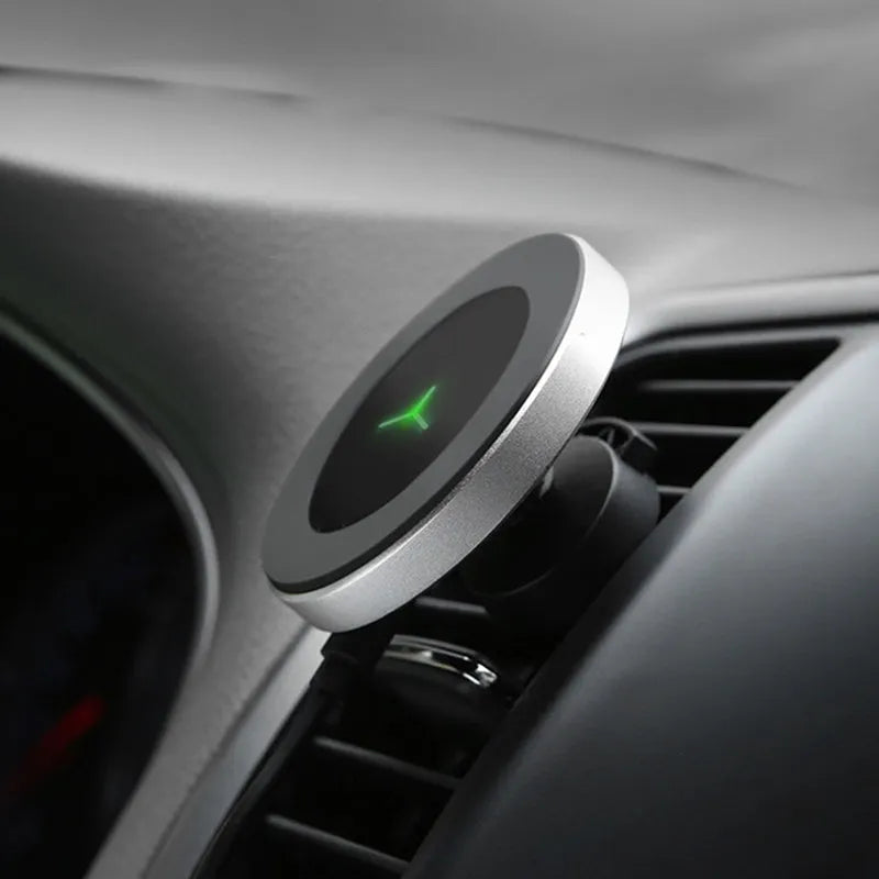 Magnetic car wireless charger with 10W fast charging, black finish, cigarette lighter power, and magnetic phone holder