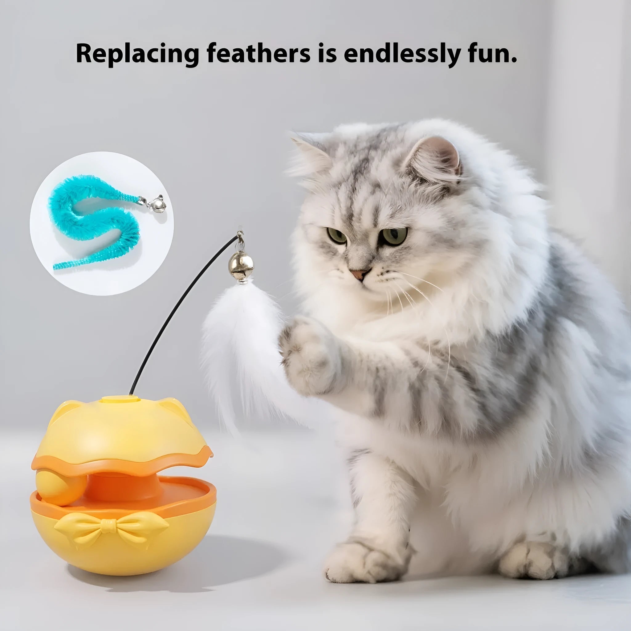 Electric cat toy tumbler with self-moving teaser mechanism in lemon yellow, sky blue or soft fog grey plastic