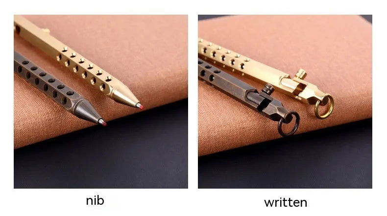 Brass hexagon bolt pen with six-angle design and 0.5mm tip, shown with brass natural and retro black ink options.