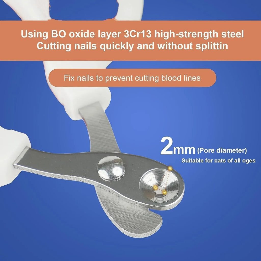 Blue pet nail clippers with circular cutting hole and cushioned non-slip handles on a white background.